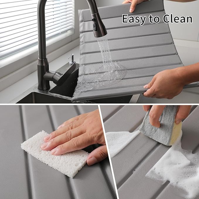 Stone Dish Drying Mat with PU Leather Surface for Kitchen Counter Water-Absorbent Collapsible Roll up Quick Dry Non-Slip for Cups Dishes BottlesRemovable and washable(Medium Gray 23.6”x15.4”)