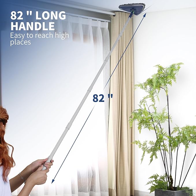 BOOMJOY Wall Cleaner Mop with 82 Inches Long Handle Baseboard Cleaner Tool Duster with Squeegee Ceiling Cleaning Tool with 6 Replacement Pads for Painted Walls Window Floor - Blue