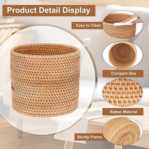 Sumnacon Mini Wicker Trash Can Cute Round Waste Basket for Bedroom Desktop Natural Rattan Trash Can for BathroomOfficeKitchen Versatile Woven Trash Cans for Paper WastePlantFlower