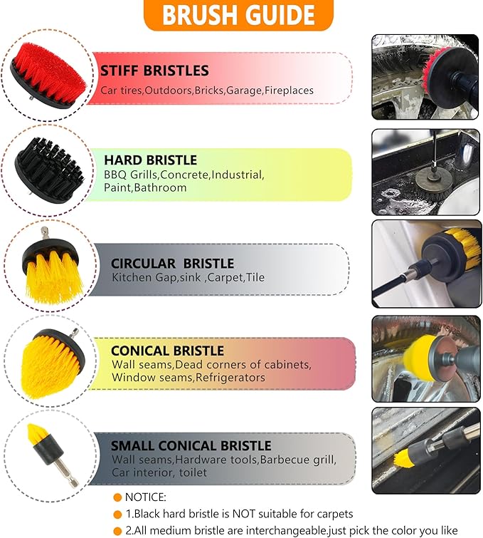 55pcs Drill Brush Attachment Set - Cleaning Scrubber Brush Kit with Cordless Screwdriver Wear-Resistant Extend Long Attachment Scouring Pads Sponge Polishing Pads for House Car BBQ