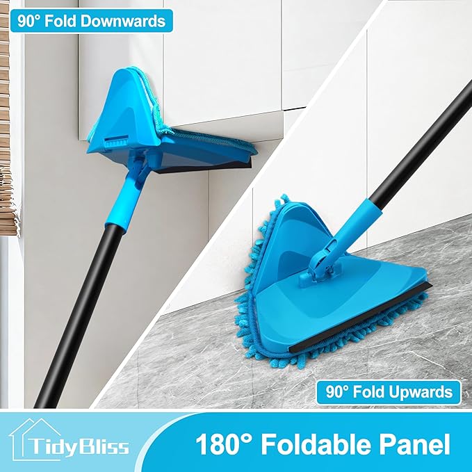 Wall Mop Cleaner with Long Handle 80” Ceiling Duster Scrubber with 360° Swivel Collapsible Head Baseboard Cleaning Tool with 4 Chenille and 2 Microfiber Pads for Windows Floor (Blue)
