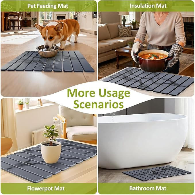 Large Stone Dish Drying Mat for Kitchen Counter 24(L)×16(W) Collapsible Quick Dry Stone Dish Mats Super Absorbent Diatomaceous Earth Drying Pad for Dishes Bottles Cups Countertops (Marble)