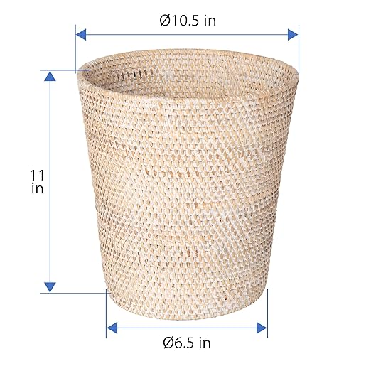 KOUBOO Loma Round Rattan Paper Waste Basket Trash Can Bathroom Garbage Bin Bedroom Kitchen Office Home Desk Small Wicker Bin for Waste Paper Latte