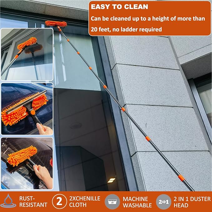 20+ Feet High Reach Duster Kit with 3-14 ft Extension Pole // High Ceiling Dusting and Window Cleaning Kit with Spliceable Pole - Window Washer &amp Squeegee Cobweb Duster Fan Blade and Feather Dus