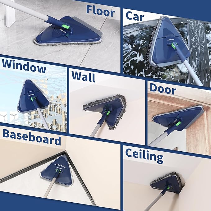 BOOMJOY Wall Cleaner Mop with 82 Inches Long Handle Baseboard Cleaner Tool Duster with Squeegee Ceiling Cleaning Tool with 6 Replacement Pads for Painted Walls Window Floor - Blue