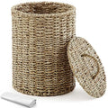 Ctosree 1.3 Gallons Small Trash Can with Lid Handle Boho Woven Braided Bathroom Waste Basket Trash Can with 100 Garbage Bags for Bedroom Office Laundry(Primary ColorBraided Straw RopeRound)