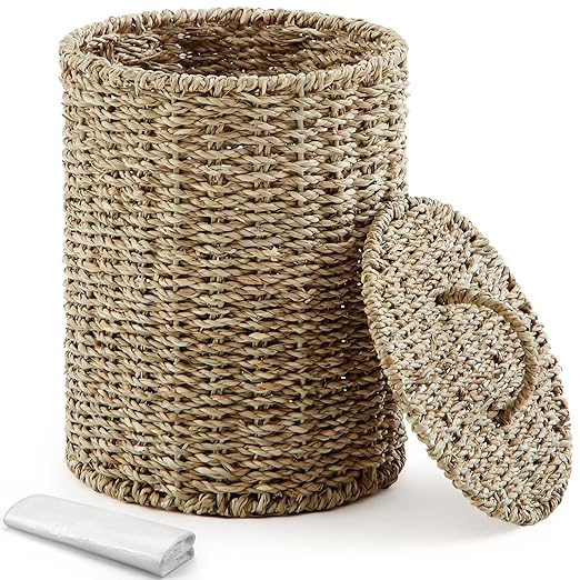Ctosree 1.3 Gallons Small Trash Can with Lid Handle Boho Woven Braided Bathroom Waste Basket Trash Can with 100 Garbage Bags for Bedroom Office Laundry(Primary ColorBraided Straw RopeRound)