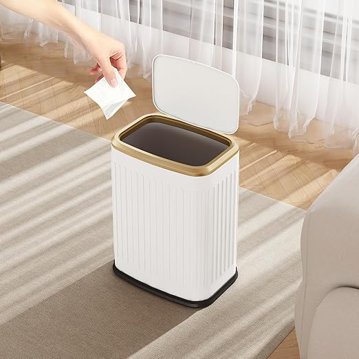 TIPGO Bathroom Trash Can with Lid 2.1 Gallon / 8 Liter Small Garbage Can Press Top Bin Stainless Steel Wastebasket with Pop-Up Lid for Bedroom Living Room Office (White)