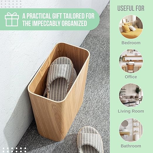 Light Wood Grain Indoor Trash Can w/Removable Cover - 3.4-Gallon Modern Waste Bin for Office Bedroom Bathroom - Slim Garbage Basket with Plastic Trash Bag Holder - Covered Diaper Trash Can