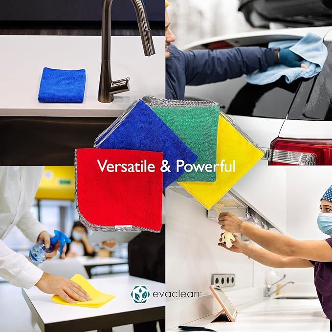 EvaClean Premium Microfiber Cleaning Cloth 16x16 - Reusable Washable Non-Scratch Microfiber Towels for Cleaning Dusting Polishing High Absorbency &amp Durability 4 Colors 24-Pack