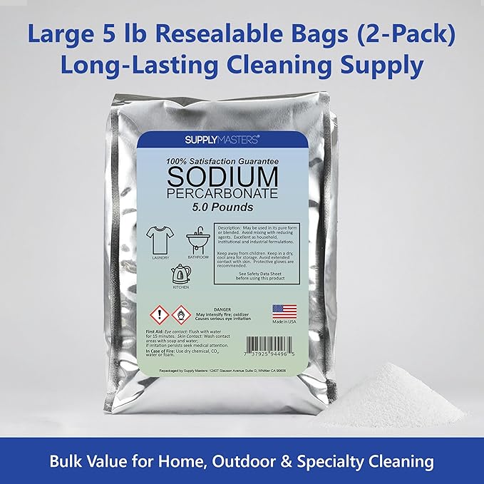 Sodium Percarbonate Powder 5 lbs – Non-Chlorine Oxygen Bleach Alternative &amp Stain Remover – Multi-Purpose Cleaner for Laundry Carpets Tile Decks Kitchens &amp Outdoor Surfaces