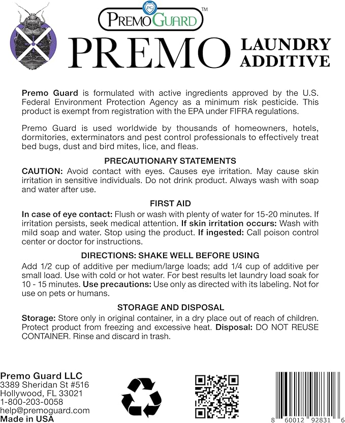 Premo Guard Bed Bug Mite &amp Lice Laundry Detergent Additive 64 oz – Child &amp Pet Friendly – Stain &amp Odor Free – Best Natural Non-Toxin Treatment