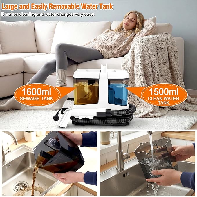 Portable Carpet &amp Upholstery Cleaner Machine 800W Brushless Motor 16KPa Powerful Suction Self-Cleaning with 3 Brush Heads Deep Cleaning Spot Shampooer for Pet Sofa Couch Car &amp Area Rugs