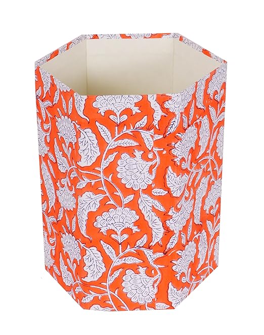 Handmade Cotton Paper Waste Basket Stylish Trash Can for Home or Office (1 ORE-NGE White FLOWAR)