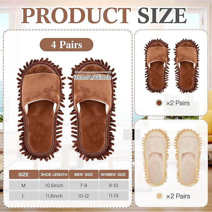 Jecery 4 Pair Washable Microfiber Mop Slippers Detachable Dusting Shoes for Floor Cleaning Office &amp Home Use Suitable for Women &amp Men(Brown BeigeM Size)