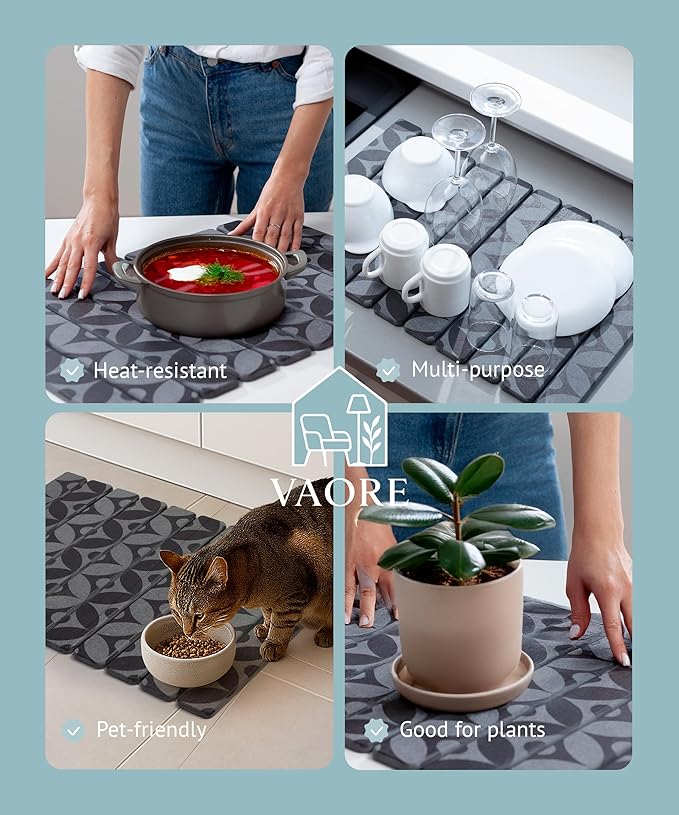 Large Stone Drying Mat for Kitchen Counter 23.6 x 15.3 Quick Dry Foldable Diatomaceous Earth Dish Drying Mat Stain-Hiding Design Eco-Friendly Large Sink Mat for Dishes and Utensils
