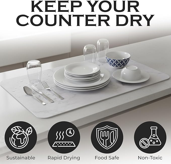 J.B Large Stone Drying Mat for Kitchen Counter - Quick Dry Stone Mat with Sink Caddy Ultra Absorbent Dish Drying Stone for Kitchen Counter and Bathrooms 16 x 12 Inch (Light Gray/White Marble Finish)