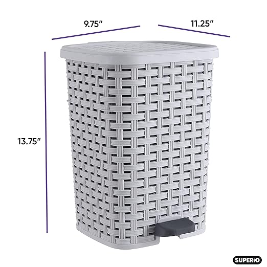 Superio Small Outdoor Trash Can with Lid for Dog Poop 3 Gallon/12 L Mini Plastic Garbage Can with Foot Pedal for Bathroom Bedroom Office Patio Wicker Smoke