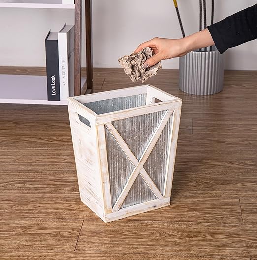 Small Wood Trash Can Wastebasket Decorative Barn Door Garbage Can Waste Basket Rustic Distressed Rectangular Trash Bin Farmhouse Wooden Storage Basket Waste Paper Bin (Whitewash)