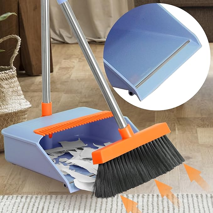 PHYEX 2-Pack Broom and Dustpan Set for Sweeping Indoor Broom Dustpan with 48 Long Handle Broom with Dustpan Combo Set(Purple)