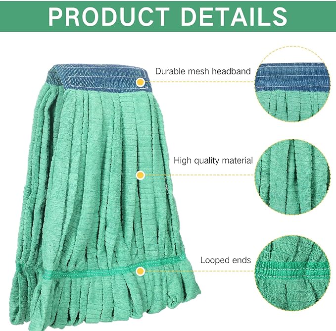 Lallisa 2 Pcs Commercial Mop Head Replacement 18 Oz Tube Microfiber Mop Heads for Floor Cleaning Industrial Mop Heads Looped End Wet Mop Head Refill for Home Commercial Industrial Use (Green)