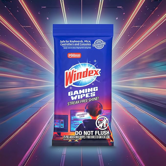 Windex Gaming Cleaning Wipes Ammonia-Free Anti-Static Electronics Cleaner for Consoles Controllers Screen TV Computer Monitor &amp Keyboard Streak-Free Pre-Moistened 25 Count (Pack of 12)