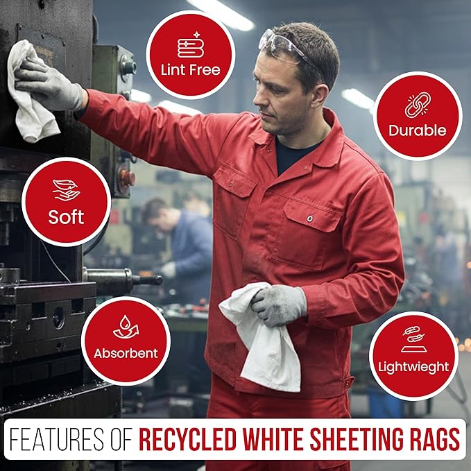 Recycled White Sheeting Cleaning Rags (50 lbs. Box) – Lint Free White Cotton Cloths for Manufacturing | Automotive | Janitorial | Shop Rags Bulk - Multipurpose
