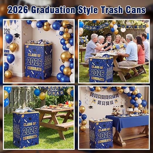 Tinlade 6 Pack 2026 Blue and Gold Graduation Decoration 13 Gallon Disposable Trash Cans Class of 2026 Party Garbage Bins Large Waterproof Foldable Recycle Pop up Bins for Graduation Party School