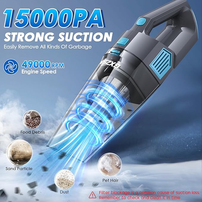 Handheld Vacuum Cordless 15000PA Strong Suction Hand Held Car Vacuum Cleaner Rechargeable Portable Hand Vacuum with Multi-Nozzles &amp Washable Filter for Home Office Car Pets
