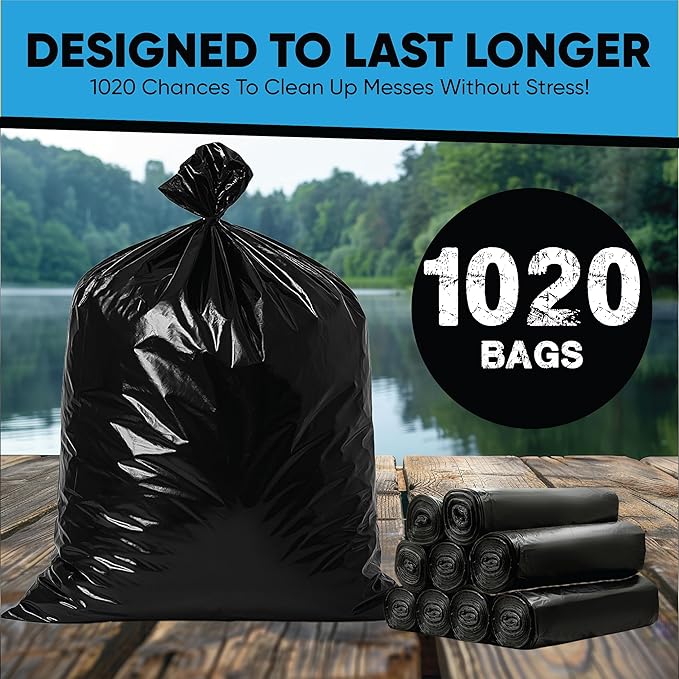 Black 13 Gallon Trash Bags – Bulk 1020 Count – Tall Kitchen Garbage Bags – 13 Gal Unscented Plastic Can Liners for Bathroom Office Janitorial Commercial Industrial Municipal – Drawstring-Free