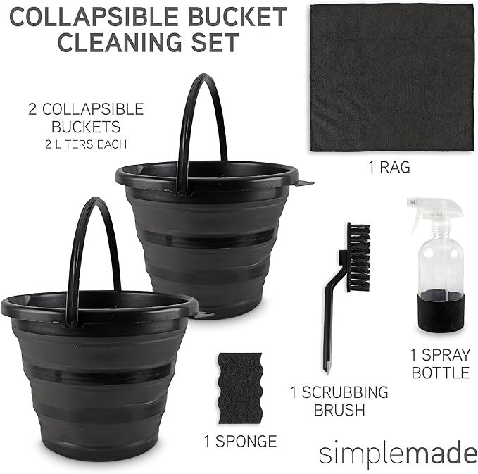 SIMPLEMADE Collapsible Bucket Cleaning Set - Includes 2 Foldable Buckets Spray Bottle Rag Scrubbing Brush and Sponge - Holds Up to 10 liters Easy Storage All-Purpose Cleaning Solution