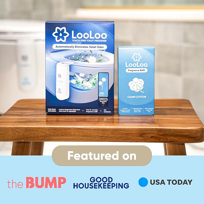 LooLoo 3.0 Touch Free Toilet Freshener Automatic Air Freshener Spray for Bathroom Starter Kit with Light and Toilet Deodorizer Bathroom Spray Odor Eliminator - Clean Cotton