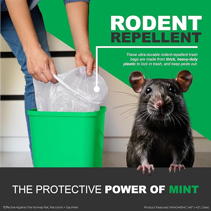 Mint-X Rodent Repellent Trash Bags 1.3 Mil Flat Seal 46 Height x 40 Length Clear (Pack of 100)MX4046XHC