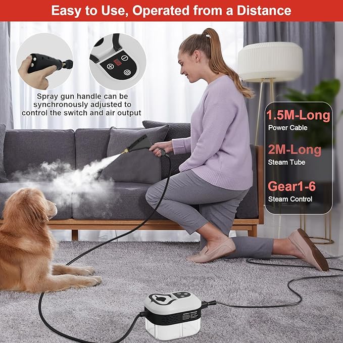 Steam Cleaner for Home 15s Heat-Up 1.2L Water Tank 6-Level Adjustable Handle Handheld Steam Cleaner for Car Detailing Dirt Furniture Couch Floor Tile Bathroom Bed Bugs 9Pcs Accessories