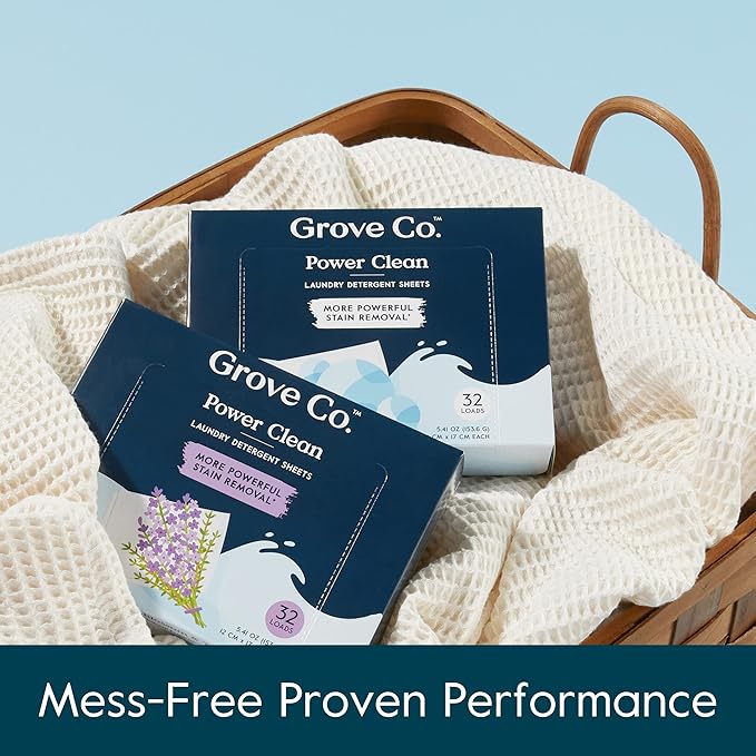 Grove Co. Laundry Detergent Sheets Power Clean Dissolving Washer Sheets (2 Pack - 64 Loads) Tough Stain Remover Unscented Free &amp Clear Formula