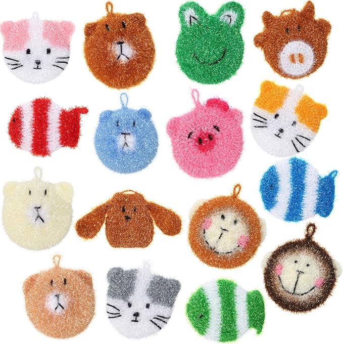 Mifoci 16 Pcs Animal Dish Scrubber Non Scratch Scrubbies for Dishes Double Layered Dish Washing Sponge Reusable Kitchen Scrubbers for Dishwashing Cleaning Dishes Cookware Tubs Sinks Bathroom