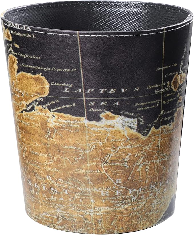 Vintage Leather Trash Can Retro World Map Trash Can Decorative Round Garbage Container Toillet Paper Bin for Bathroom Bedroom Kitchen Office
