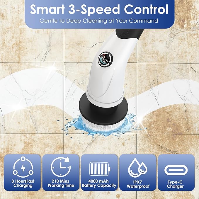 Cordless Electric Spin Scrubber IPX7 Waterproof Rechargeable Power Cleaning Brush with 4000mAh Battery 210min Runtime 7 Brush Heads 3 Adjustable Speeds for Shower Tub Tile Kitchen Floor