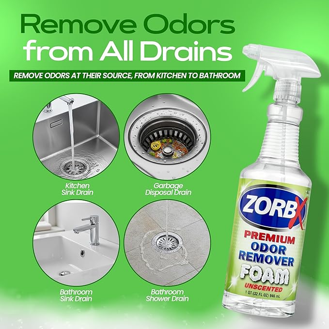 ZORBX Premium Unscented Odor Remover Foam 32 oz – Extra Strength Fragrance-Free Odor Eliminator Foamer for Pets Drains Garbage Disposal Carpets Bathroom &amp Kitchen