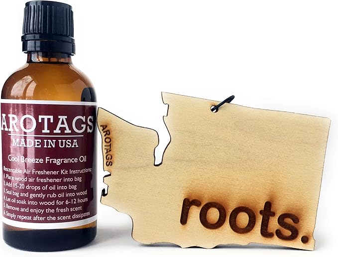 Arotags Washington Wooden Car Air Freshener - Long Lasting Beach Bum Scent Diffuses for 365+ Days - Includes Hanging Mirror Diffuser and Fragrance Oil - 100% American Made