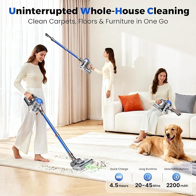 Cordless Vacuum Cleaner 40Kpa Powerful Suction Stick Vacuum Cleaners for Home 45 Mins Runtime 1.6L Dust Box Anti-Tangle 8-in-1 Rechargeable Vacuum for Hardwood Floor Carpet Pet Hair