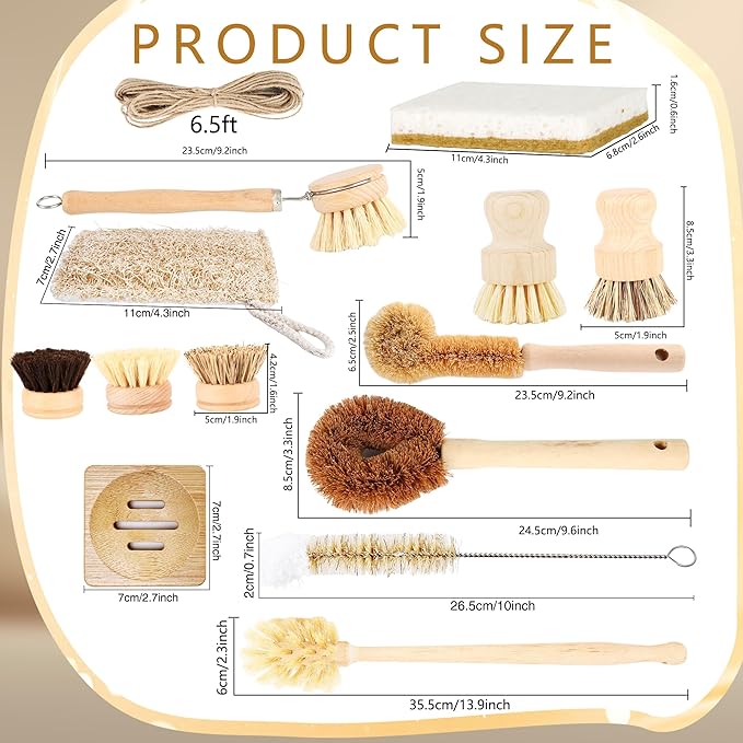 15 Pcs Bamboo Dish Brush Set with 65 Ft Hemp Rope Wooden Palm Pot Brush Sisal Bristles Natural Cup Scrubber Loofah Sponge Draining Tray for Pans Bottle Sink Kitchen Cleaning