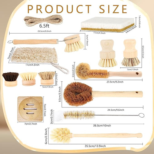 15 Pcs Bamboo Dish Brush Set with 65 Ft Hemp Rope Wooden Palm Pot Brush Sisal Bristles Natural Cup Scrubber Loofah Sponge Draining Tray for Pans Bottle Sink Kitchen Cleaning