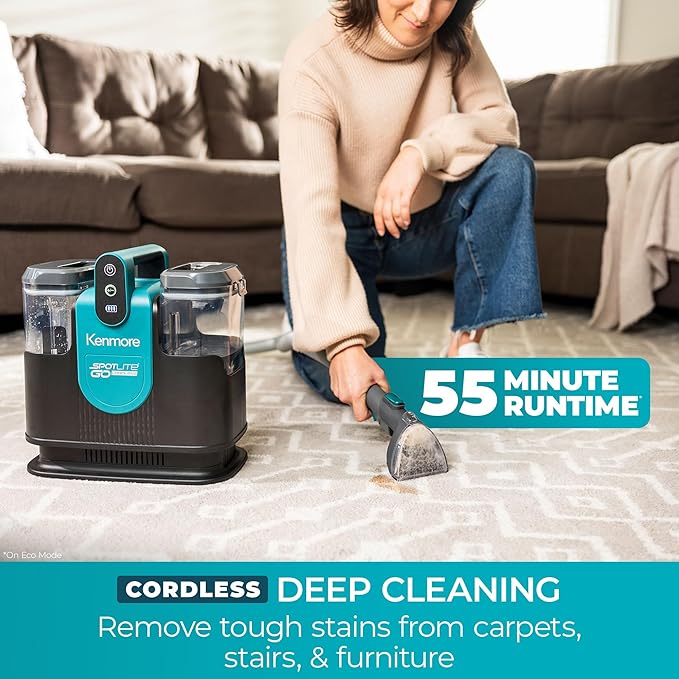 Kenmore KW1090 SpotLite Go 24V Cordless Brushless Portable Carpet Spot Cleaner 16Kpa Power Suction 55Mins Runtime with Hose Cleaning Tool for Pets Area Rugs &amp Couches