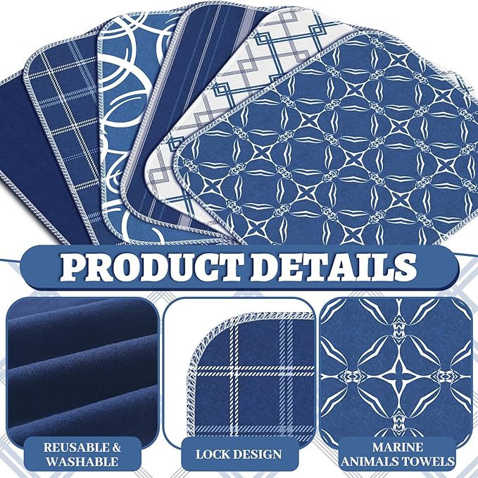 36 Pack Geometric Vintage Reusable Cleaning Cloths Washable Cotton Kitchen Towels for Home (Blue)