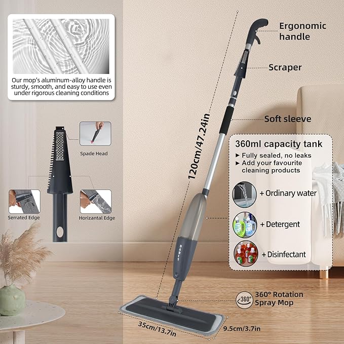 DARIS Spray Mops with 3 Microfiber Pads Dust Mop with 360ml Bottle for Floor Home Cleaning 360 Rotation Wet Dry Mops for Cleaning Hardwood Laminate Ceramic