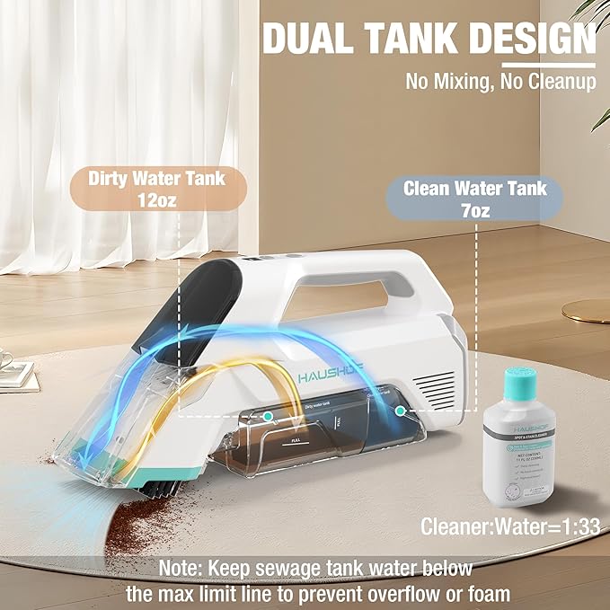 HAUSHOF Handheld Carpet Cleaner 12V Cordless Portable Carpet Cleaner 6.5KPa Spot Cleaner with 2 Water Tanks Type-C Charge Spot &amp Stain Cleaner Handheld Upholstery Cleaner for Stairs Car