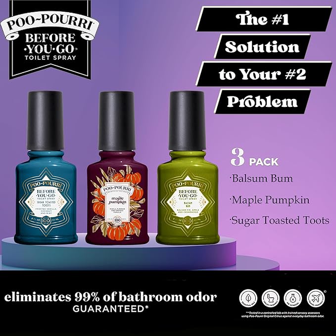 Poo-Pourri Before-You-Go Toilet Spray Spring 2 Oz Variety Pack– Maple Pumpkin Sugar Toasted Toots and Balsam Bum