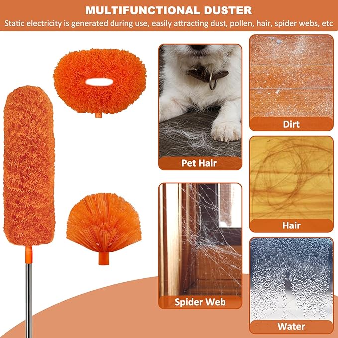20 Ft+ High Reach Cleaning Tool Kit - Microfiber Feather Ceiling Fan Duster &amp Cobweb Duster with 3-14 ft Spliceable Pole Duster for Cleaning Fan Spider Web Ceiling Blinds Furniture Clean