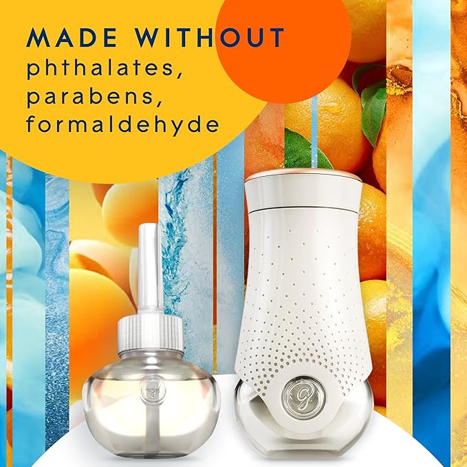 Glade PlugIns Refills Air Freshener Starter Kit Scented and Essential Oils for Home and Bathroom Coastal Sunshine Citrus 4.02 Fl Oz 2 Warmers + 6 Refills